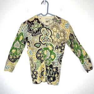 Harolds cardigan knit sweater women's x small green tan paisley 3/4 sleeve